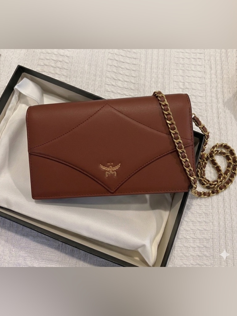 MCM Brown Leather Crossbody Wallet or Clutch with Gold Chain